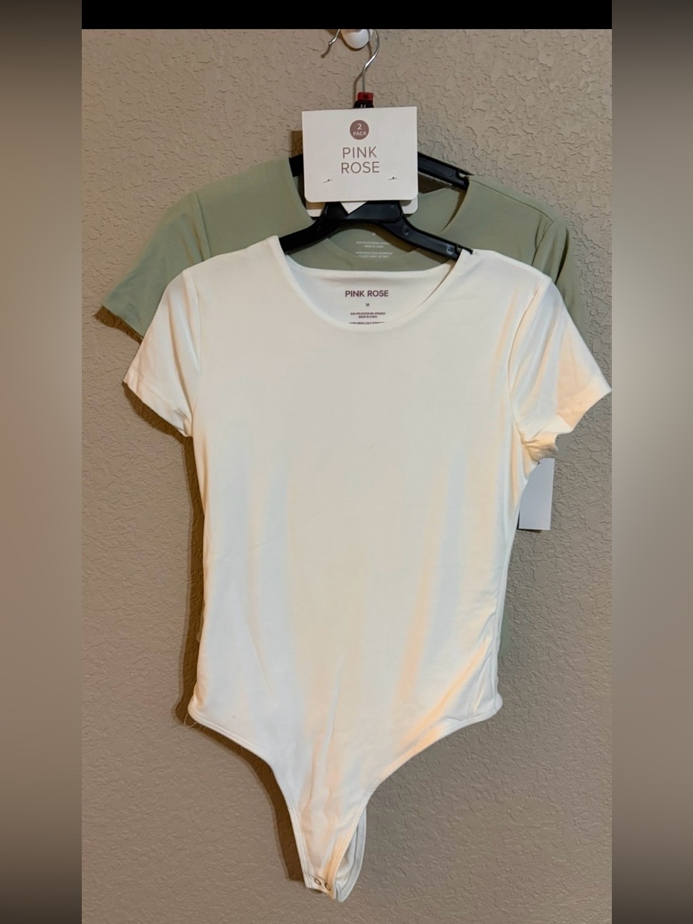 2 Pc. Pink Rose Crew Neck Short Sleeve Bodysuits - Off-White & Olive Green Med.